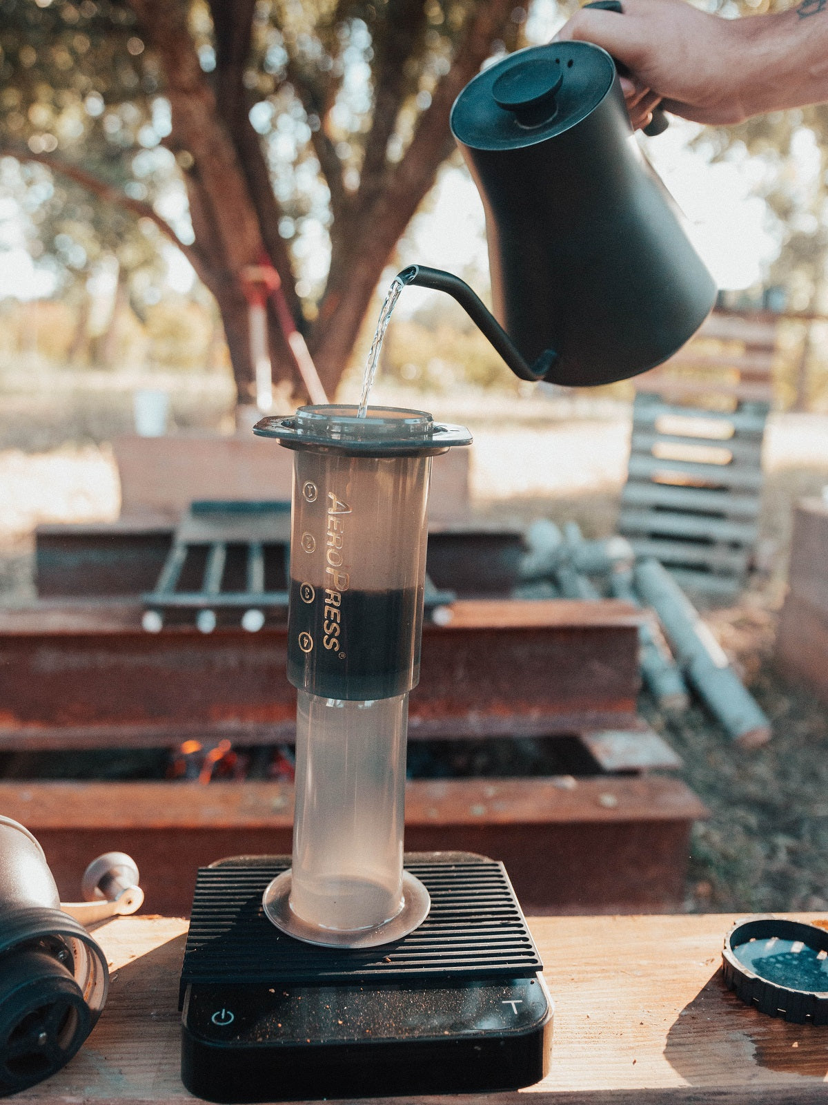 Pouring water into inverted AeroPress