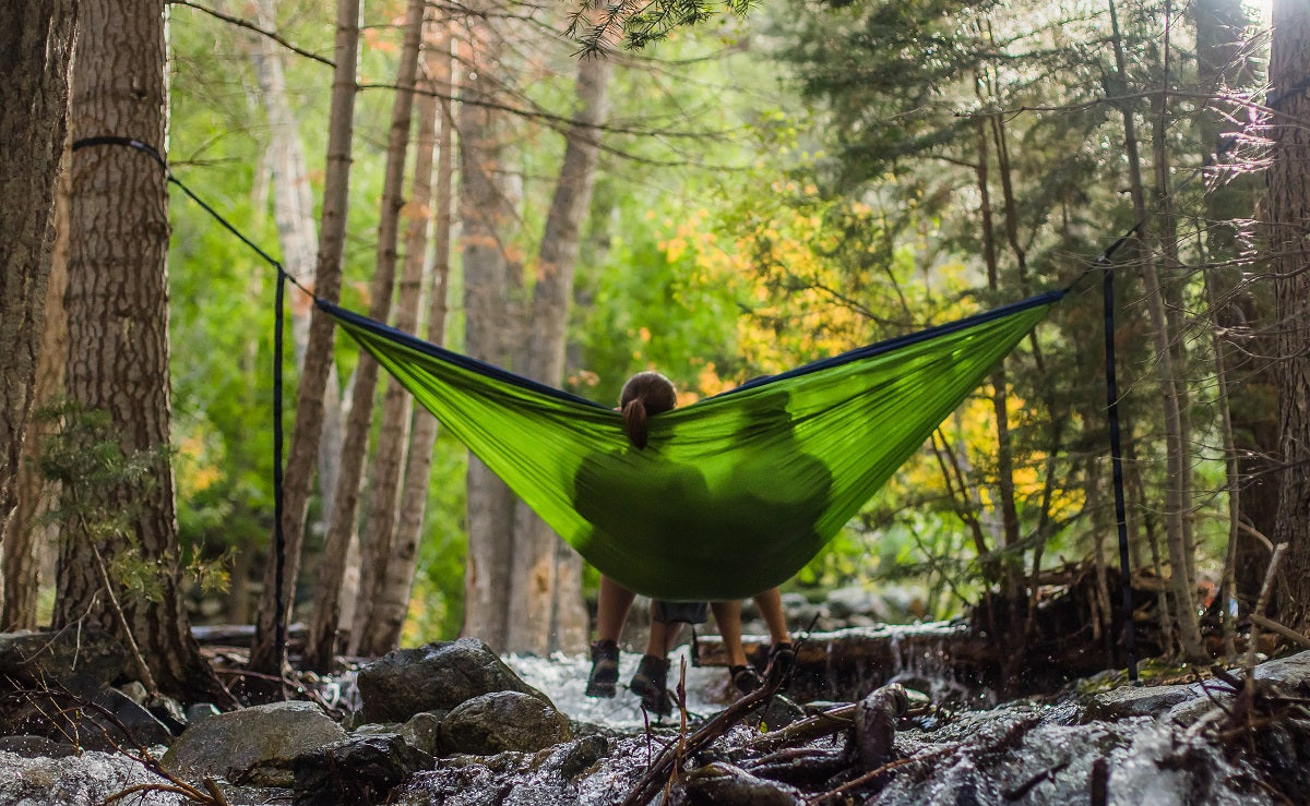 Couple with backs to audience sitting on hammock