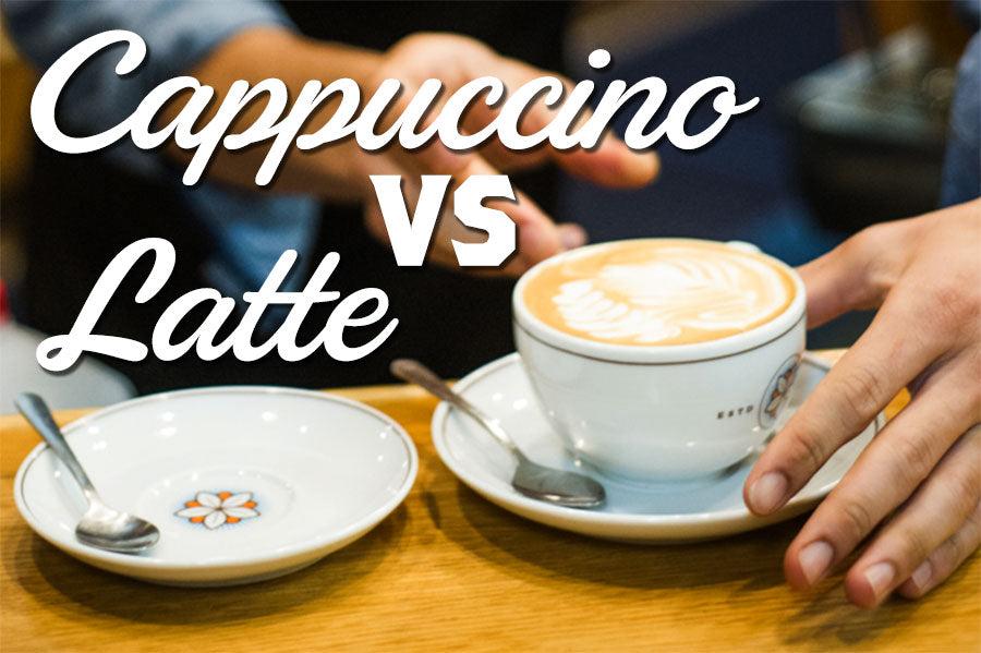 The hands of a barista place a cappuccino on the bar counter 