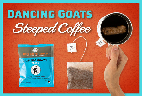 A mug of Dancing GOats Steeped Coffee alongside abag of Dancing Goats Steeped Ground Coffee