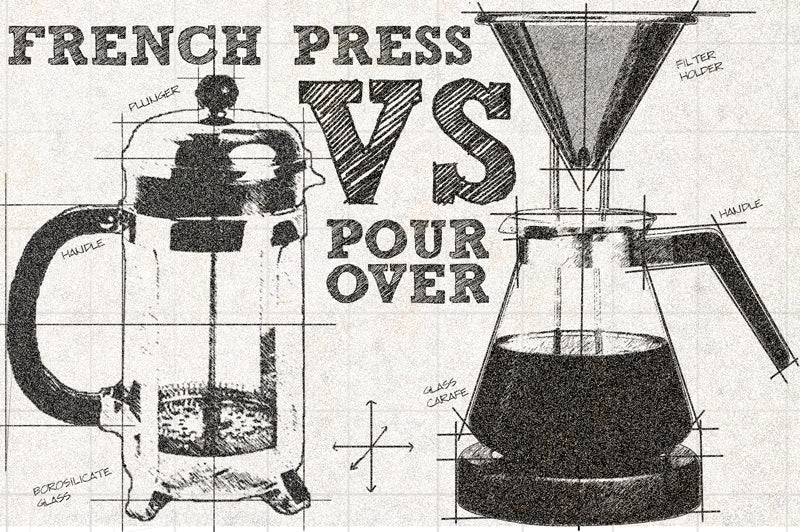 Sketch pitting the French Press coffee maker against Pour Over brewers