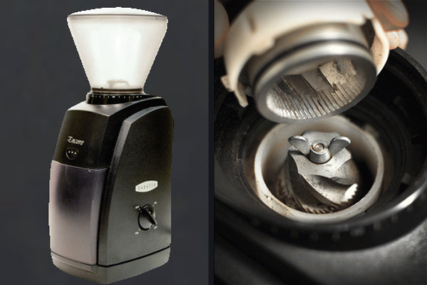 How to Choose a Coffee Grinder - Side by side photos of the burrs of an electric burr grinder, and a full-view of burr grinder appliance