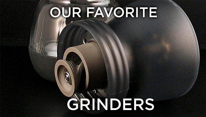 a closeup of the burrs of a Hario Skerton burr grinder, text reads Our Favorite Grinders