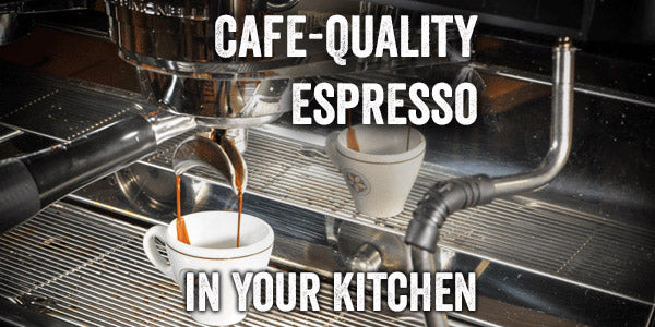 a double shot of espresso drips out of a machine and into a ristretto cup with text that says Cafe-Quality Espresso In Your Kitchen