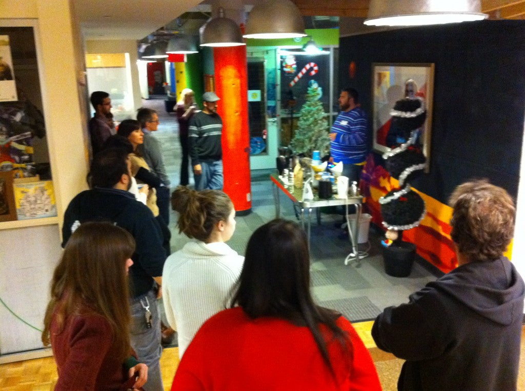 Adult Swim staff surround our popup manual brewing station at their Atlanta Offices