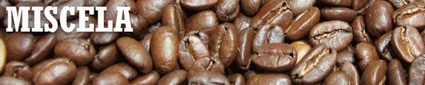 a thin slice of a closeup image of coffee beans with the word Miscela overlaid on top