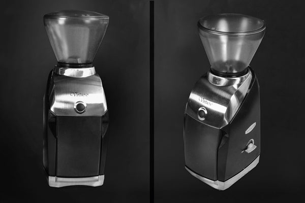 a diptic showing the front and side of a Baratza Virtuoso against a dark background