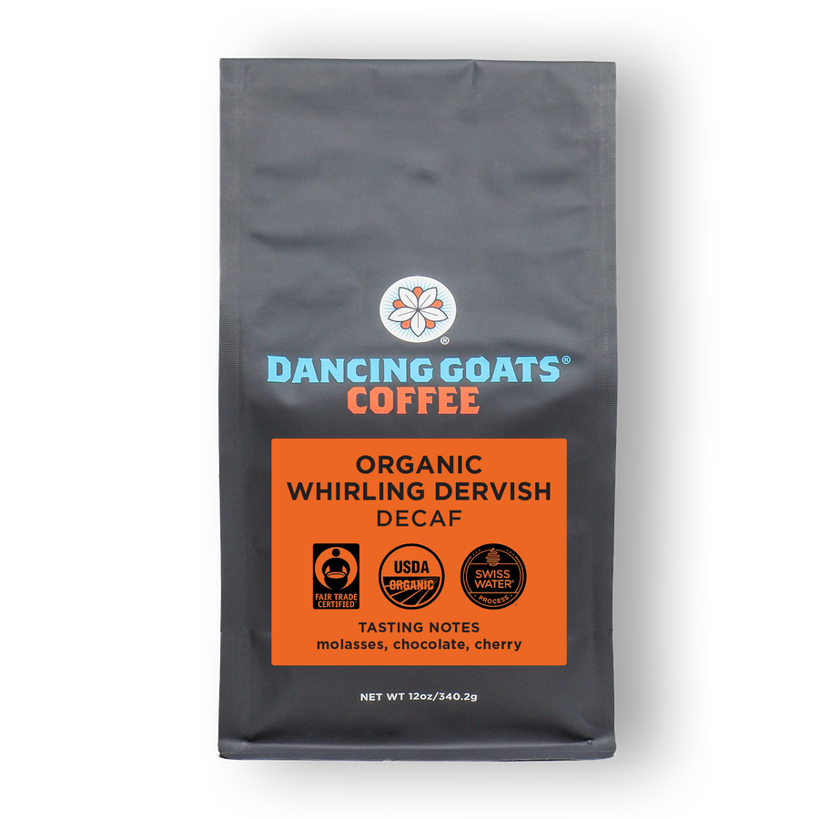 Fair-Trade Organic, named after Omar the mystic and whirling dervish who, according to legend, was the first person to prepare coffee as a beverage- a discovery that earned him his sainthood. Organic Whirling Dervish Decaf coffee has the harmonious flavors of molasses, chocolate, and cherry.This coffee is a Swiss Water® decaf, it is 99.9% caffeine free and no toxic chemical are used in the process. 100% Arabica Coffee Beans.  Roasted to order.