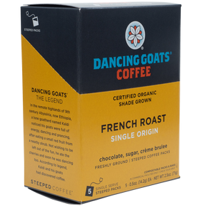 5-Pack of Steeped French Roast.  This single-serve option coffee is an environmentally responsible, solution focused on exceptional coffee in a fully compostable package. Ethically-sourced, Dancing Goats® coffee is micro-batched, locally roasted, and nitrogen-sealed in Guilt-Free Packaging™.  All you need to brew is hot water and a mug.